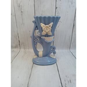 Vintage Blue Ceramic Vase White Flower and Trim Japan